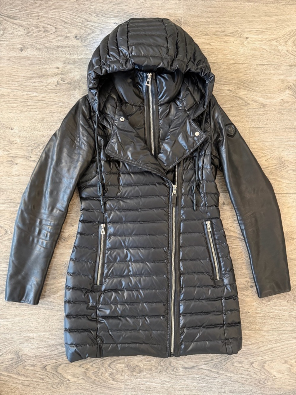 RUDSAK Black Quilted Hooded Puffer with Leather Sleeves